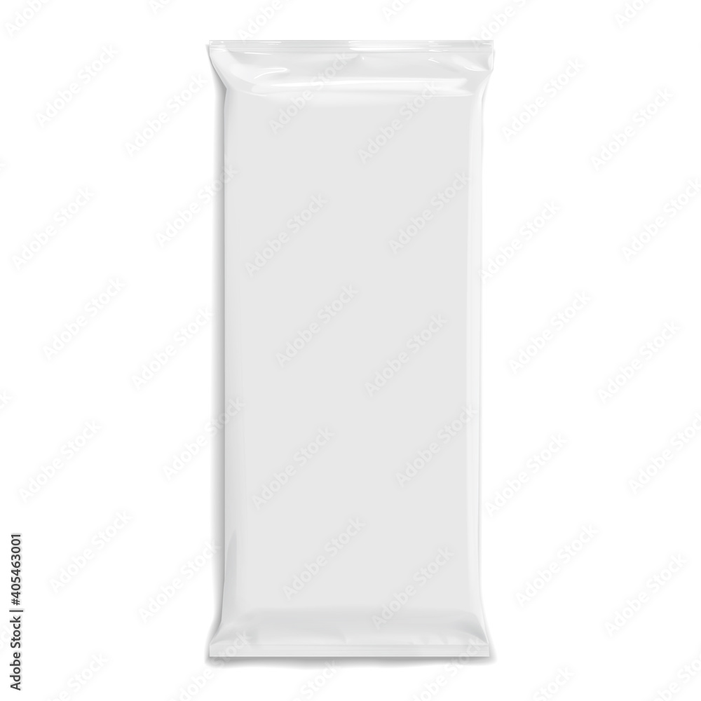 Flexible bag of Foil. Food snack pillow or chocolate bar. Realistic package. Polyethylene packing of goods. Mock up for brand template. vector illustration. Flexible bag of Foil. Food snack pillow or chocolate bar. Realistic package. Polyethylene packing of goods. Mock up for brand template. vector illustration.