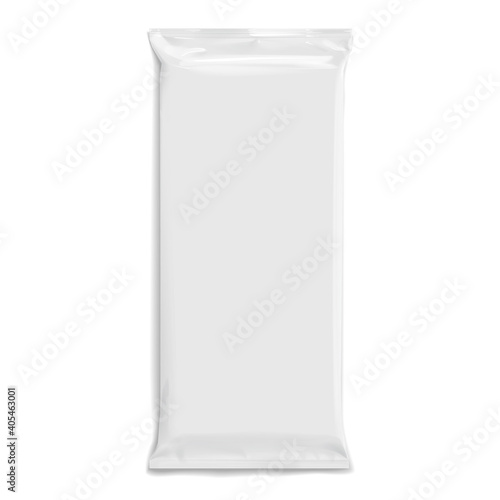 Flexible bag of Foil. Food snack pillow or chocolate bar. Realistic package. Polyethylene packing of goods. Mock up for brand template. vector illustration.