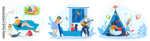 Children play with parents vector illustration set. Cartoon flat happy family people spending time together, mother reading fairy tale story to kids and playing imagination games isolated on white