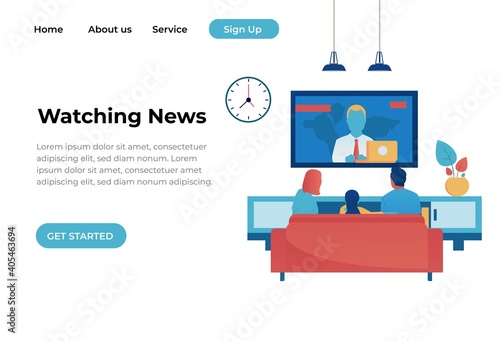 Family couple sitting on the couch and watching tv news,male and female characters back view vector illustration