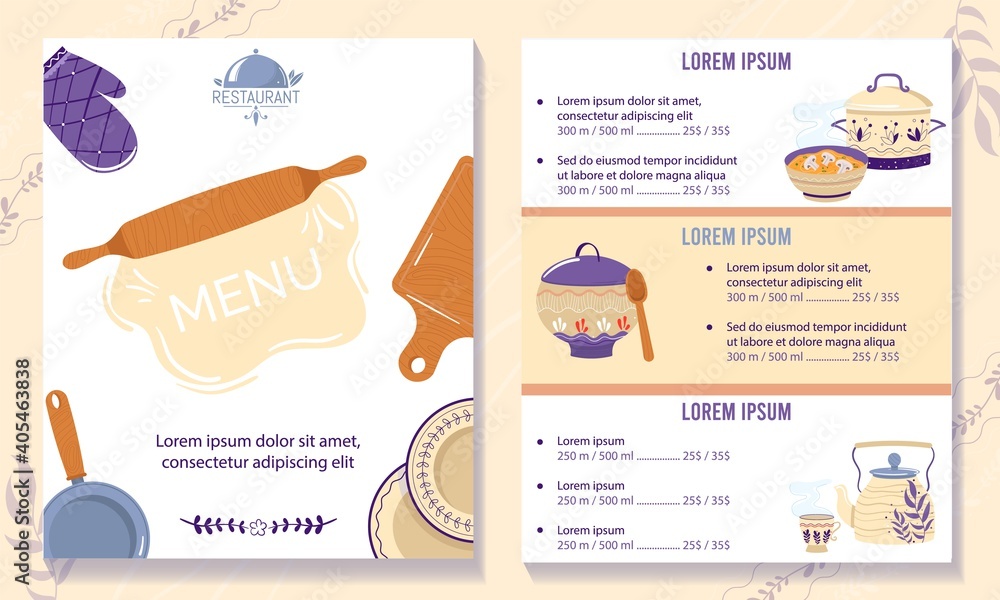 Obraz premium Russian cuisine cafe menu vector illustration. Cartoon flat restaurant, cafeteria or bistro cafe menu with traditional Russian food cuisine and national floral ornaments on kitchenware background