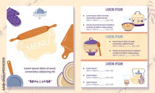 Russian cuisine cafe menu vector illustration. Cartoon flat restaurant, cafeteria or bistro cafe menu with traditional Russian food cuisine and national floral ornaments on kitchenware background