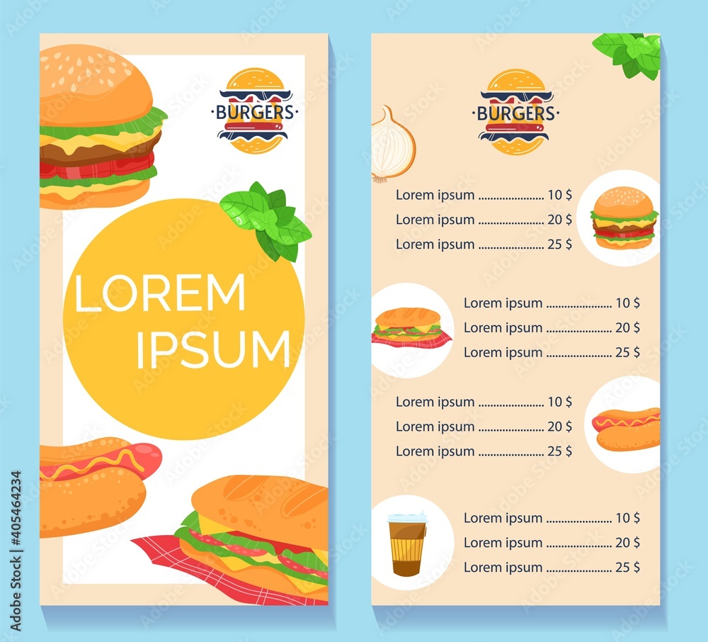 Fastfood burger cafe menu vector illustration. Cartoon flat design for food truck, cafeteria or bistro cafe menu with hamburger or cheeseburger, hot dog snack, coffee hot drink and prices background