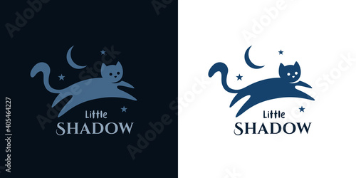 Cat logo template. Pet symbol. Cute kitten icon. Little kitty shadow with moon at night. Domestic feline animal jump silhouette. Vector illustration.