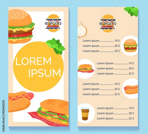 Fastfood burger cafe menu vector illustration. Cartoon flat design for food truck, cafeteria or bistro cafe menu with hamburger or cheeseburger, hot dog snack, coffee hot drink and prices background