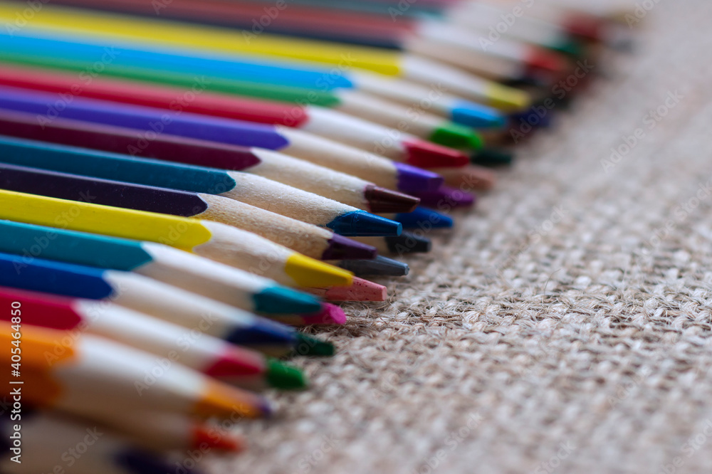 Set of colorful pencils on burlap. Set of colorful pencils on burlap.