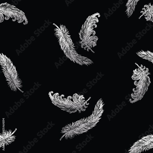Seamless pattern of drawn white birds feathers