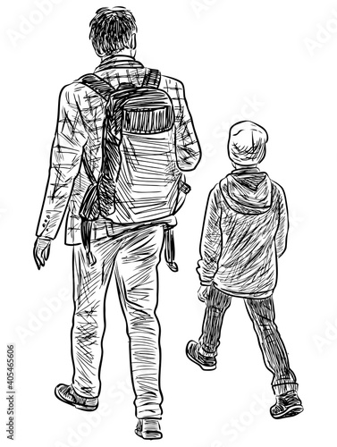 Sketch of a father with his little son walking outdoors