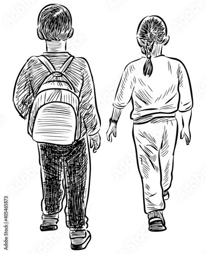 Sketch of little children walking outdoors together
