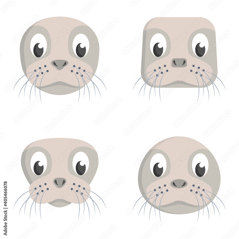 Set of cartoon seals. Different shapes of animal heads. Set of cartoon seals. Different shapes of animal heads.