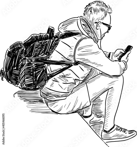 Sketch of tourist with backpack sitting and looking at smartphone photo