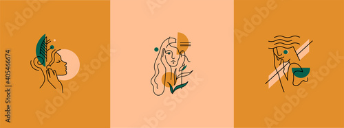 Set of vector illustrations portraits, stylized faces of girls. Abstract shapes, silhouettes of faces. Logo for business in the industry of beauty, health, personal care. Logo for beauty salon © Анастасия Усатова