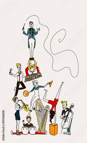 Ilustración vectorial de músicos. Personas tocando instrumentos en forma de pirámide humana. Orquesta en equilibrio. Banda de música divertida.