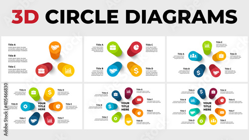 3D Vector Perspective Infographics Pack. Round diagrams. Presentation slide template. Circle columns with shadows.