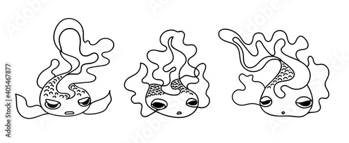 Set of cute vector small doodle fish with wavy fins drawn by hand in black outline. Vector illustration.