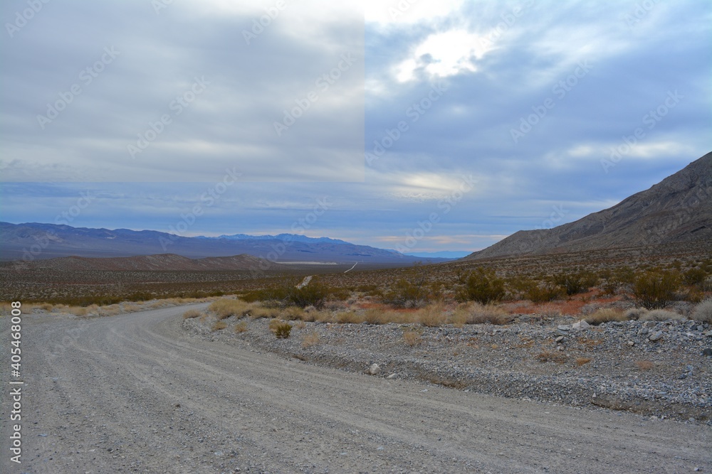 road trip over loose gravel on the Big Pine road in the Death Valley National Park in December