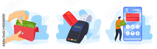 People pay money service vector illustration set. Cartoon flat human hand holding wallet with cash, paying by credit card online, using mobile contactless payment via smartphone isolated on white
