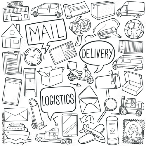 Logistics and Mail doodle icon set. Transports Vector illustration collection. Delivery Service Hand drawn Line art style.