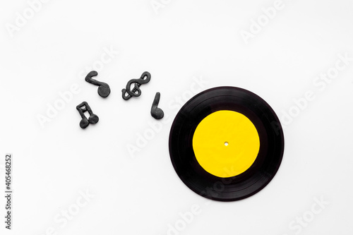 Flat lay of vinyl record. Music background