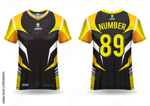 jerSoccer jersey mockup. t-shirt sport design template, uniform front and back view. black yellow color	
