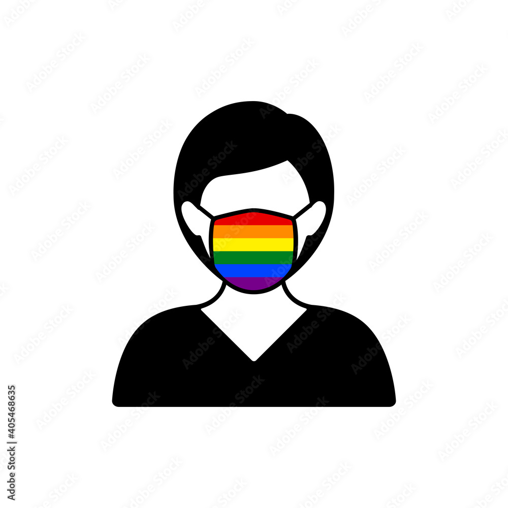 Woman with rainbow LGBT flag on medical mask icon