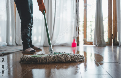 Wallpaper Mural Woman  clean up the house with mop. Torontodigital.ca