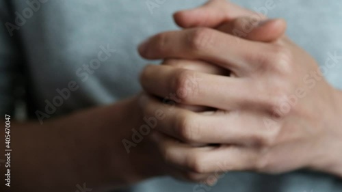 Young woman nervous, close up gesture of hands