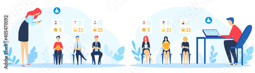 Social rating recruiting vector illustration set. Cartoon flat colleagues recruits people sitting in row, manager leader characters rate employees job as like or dislike, recruitment isolated on white