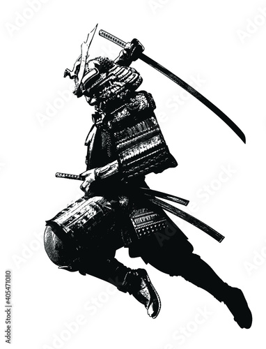 Canvas Print The black silhouette of a samurai flying into battle in an epic leap, he prepares to deliver a crushing attack with his katana