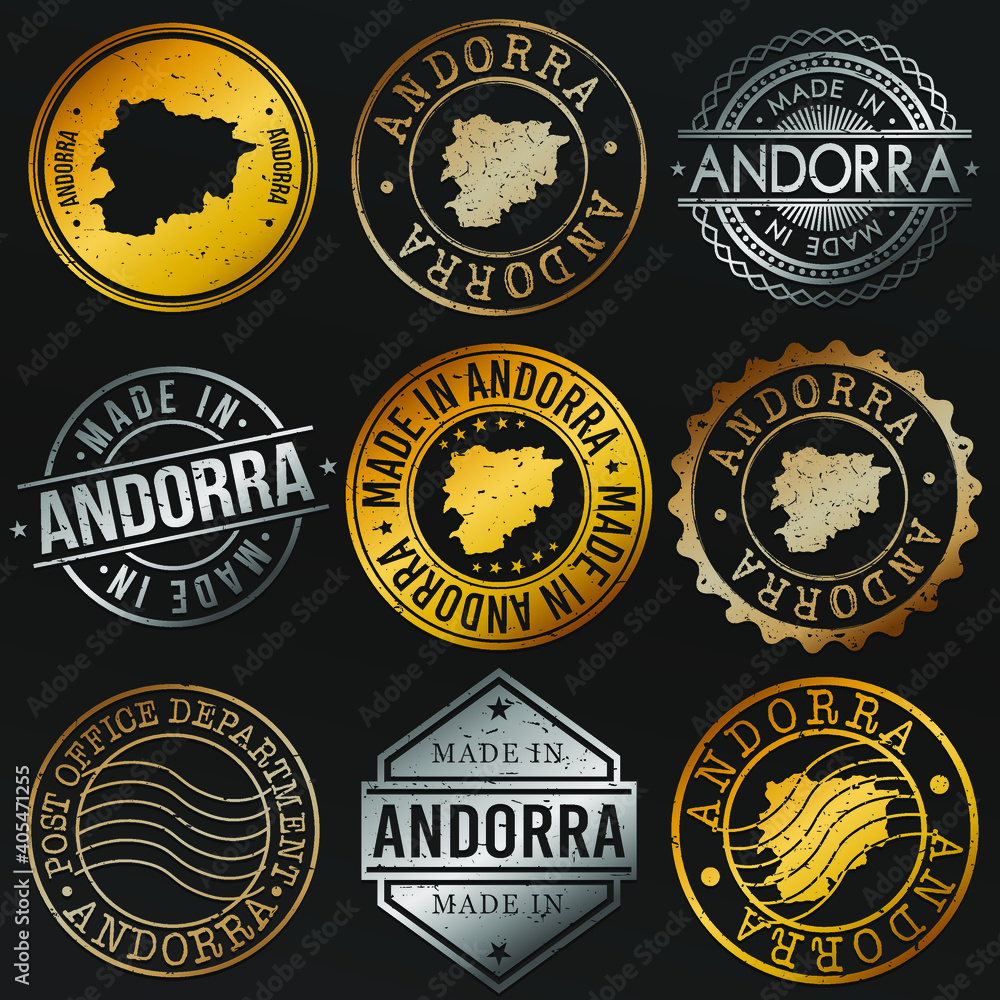 Andorra Map Metal Stamps. Gold Made In Product Seal. National Logo Icon. Symbol Design Insignia Country. Andorra Map Metal Stamps. Gold Made In Product Seal. National Logo Icon. Symbol Design Insignia Country.