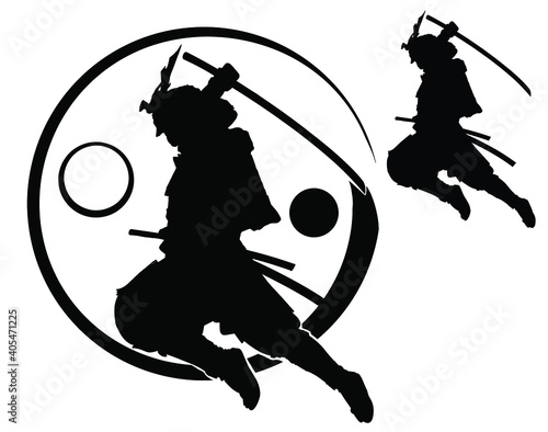 The black silhouette of a samurai flying into battle in an epic leap, he prepares to deliver a crushing attack with his katana, the yin yang symbol is formed around him. 2d illustration.