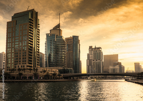 City skyline at sunset