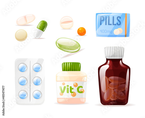 Pharmaceutical medical packaging pills mockup. Pharmacy medications. Medicine drugs, pharmaceutical treatment, medicine pills bottles vitamins sprays blister tube aerosol can pipettes plaster