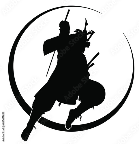 The black silhouette of a samurai flying into battle in an epic leap, he prepares to deliver a crushing attack with his katana. 2d illustration.