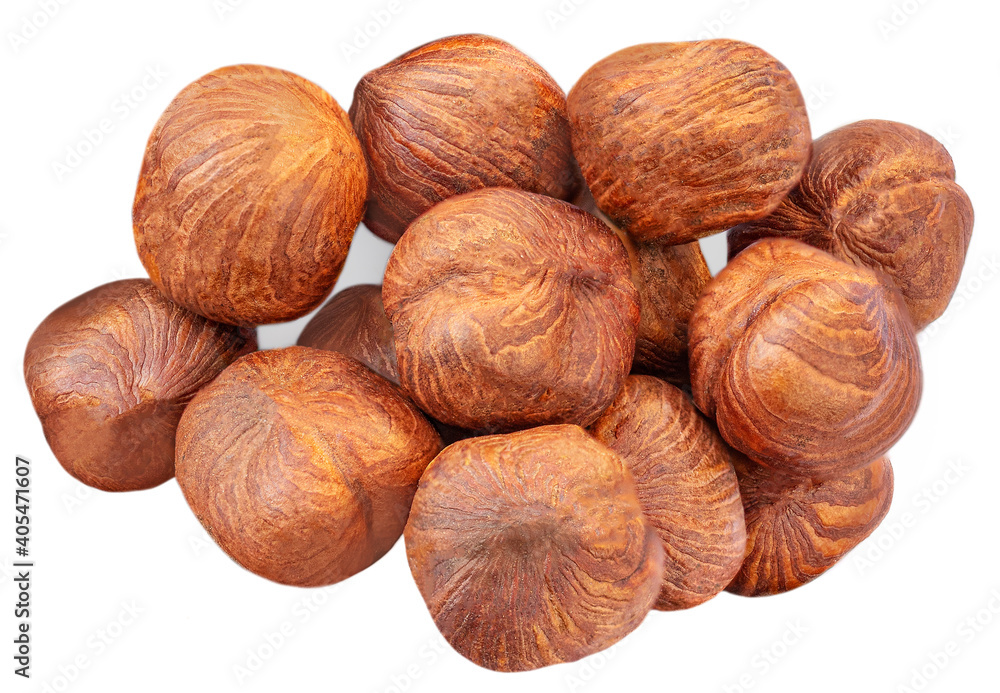 Hazelnuts isolated on white background. Heap of Hazelnuts macro. Top view Hazelnuts isolated on white background. Heap of Hazelnuts macro. Top view