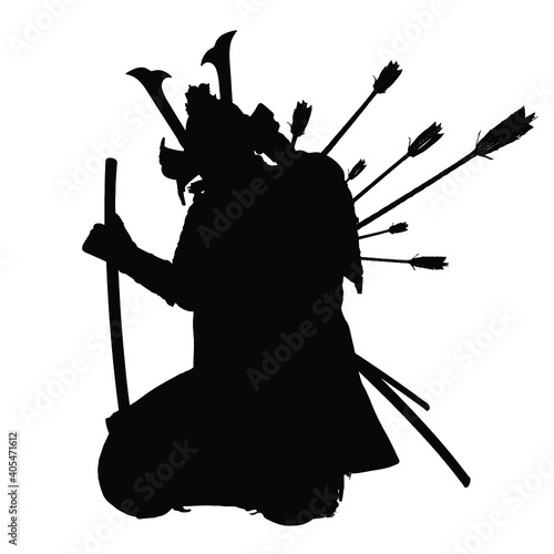 The black silhouette of a samurai wounded by arrows, he leans on his katana. 2d illustration.
