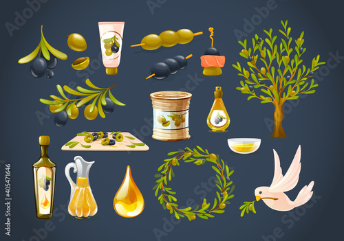 Organic olive products set. Black and green olives, glass bottle decanter of olive oil, tree branches, based cream, wreath, bird with a branch of olives. Healthy organic products