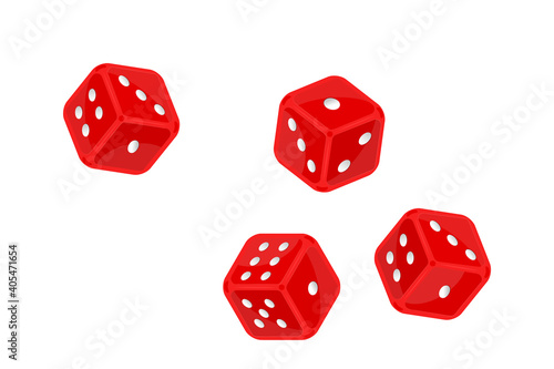 Red dice in flight isolated on white background. Casino gambling and entertainment. Board game dice with white dots icon in flight. Poker cubes. For app, web, infographics. Stock vector illustration