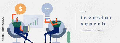 Investor search. Business illustration, business people. Vector picture for presentation or web page with animation. Minimalistic, modern style.