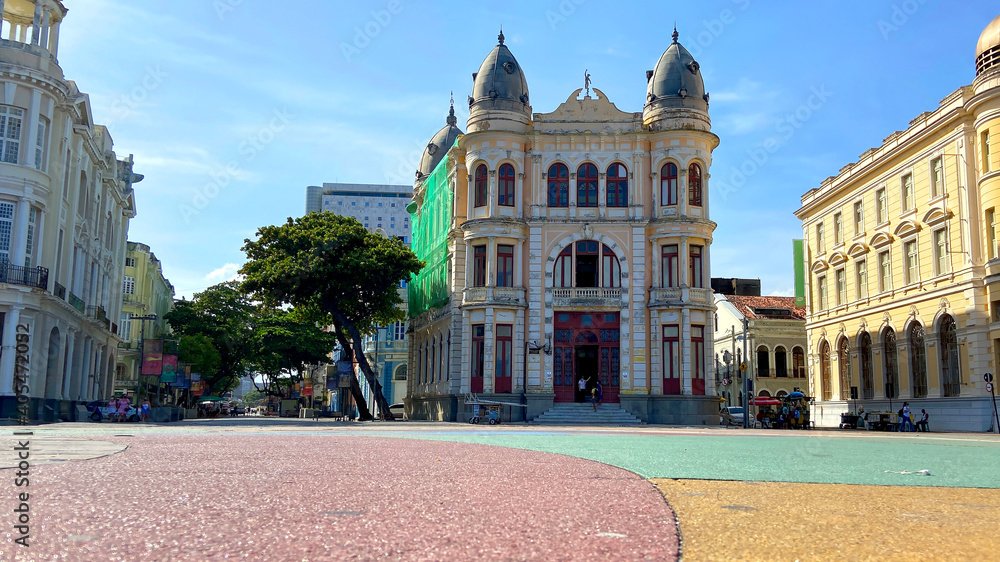 Historic old vintage retro color colorful blue pink buildings in downtown Brazil beauty city Pernambuco Brazil