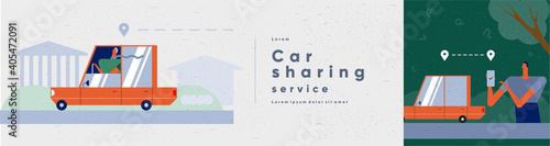 Carsharing service. People and technology in the modern world. Vector illustration. Web size and cover. Minimalistic style for animation and presentations.