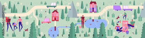 Family and vacation. Wide, panoramic illustration. Nature and family vacation in the country. Fishing and nature walks.