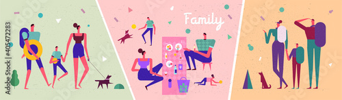 Family and vacation. Set of illustrations, family vacation, family spending time together, lunch, picnic, vacation and active activities.