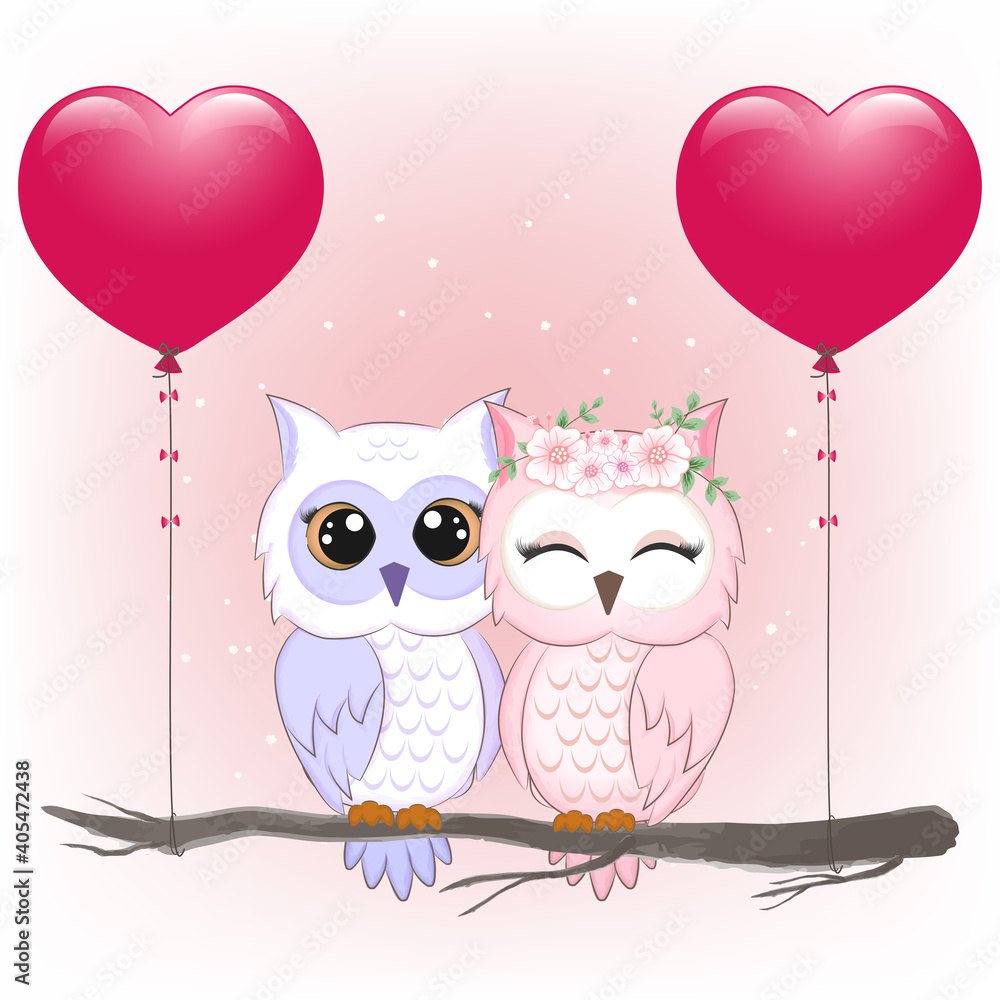 Fototapeta premium Cute couple owl and heart balloons, valentine's day illustration