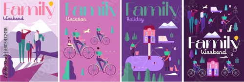 Family and vacation. Set of vector illustrations, family vacation, family spending time together, lunch, picnic, vacation and active activities.