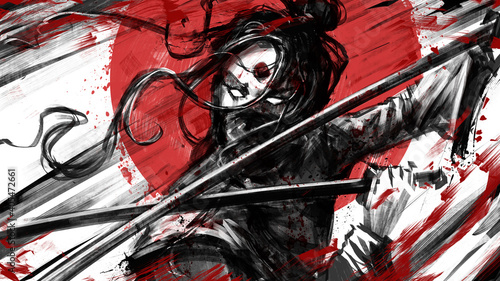 A beautiful ninja girl with two swords looks fiercely with her white eyes in the heat of battle against the red sun. 2d illustration.