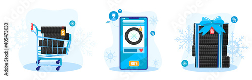 Buy winter auto car tires vector illustration set. Cartoon flat wintery sale offers for buying new automobile car tires in mobile smartphone shop app to drive safely in winter snow isolated on white