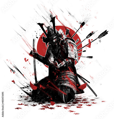 Canvas Print The black silhouette of a samurai wounded by arrows, bloodied he leans on his katana, in the last moment of his life looks at the white magic sakura flower in his hand