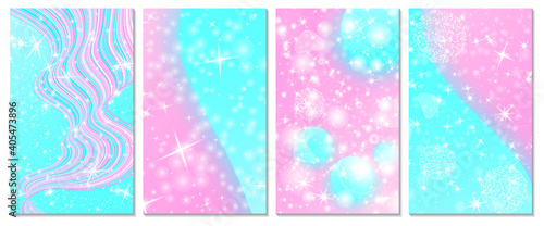 Set of unicorn rainbow background. Pink, blue colors. Princesss background, invitation card.