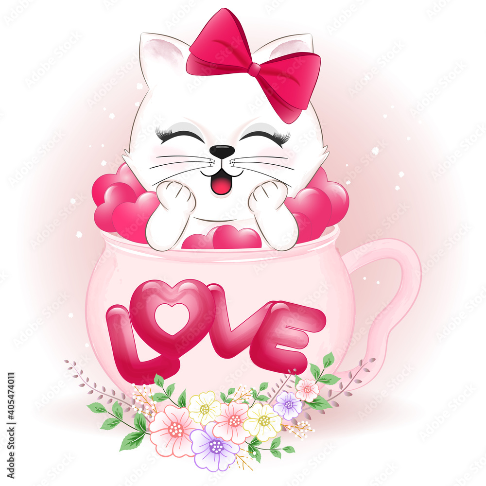 Cute little cat and hearts in cup valentine's day concept illustration Cute little cat and hearts in cup valentine's day concept illustration